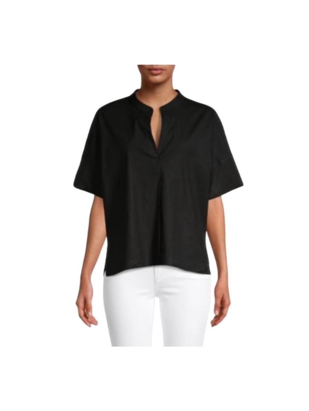 Vince Split Neck Linen Blend Top Black Medium Quiet Luxury Minimalist Lagenlook